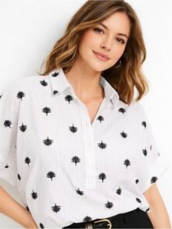 LOFT Tops - Loft White Button-Front Palm Print Shirt w/Black Pinstripes. 100% Cotton